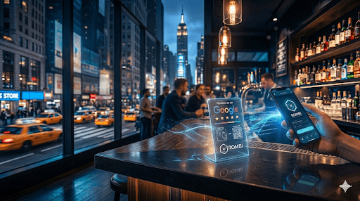 Stand NFC ROMBI® em mesa de restaurante
